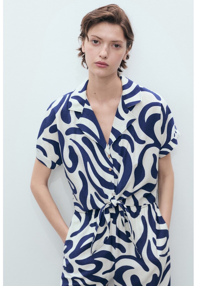 Camasa cu decolteu in V - imprimeu si snur - Albastru inchis/Alb murdar