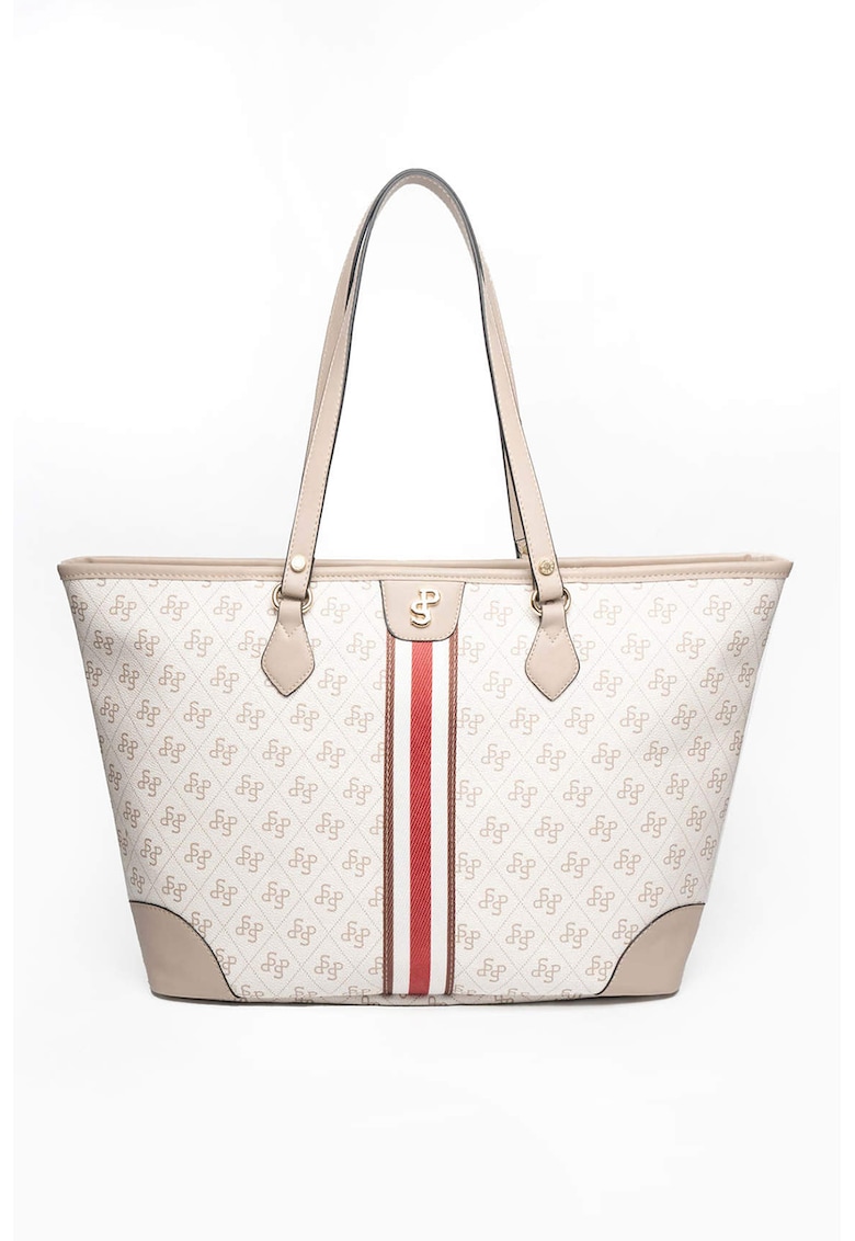 SilverPolo Geanta tote din piele ecologica cu imprimeu - Alb fildes/Grej