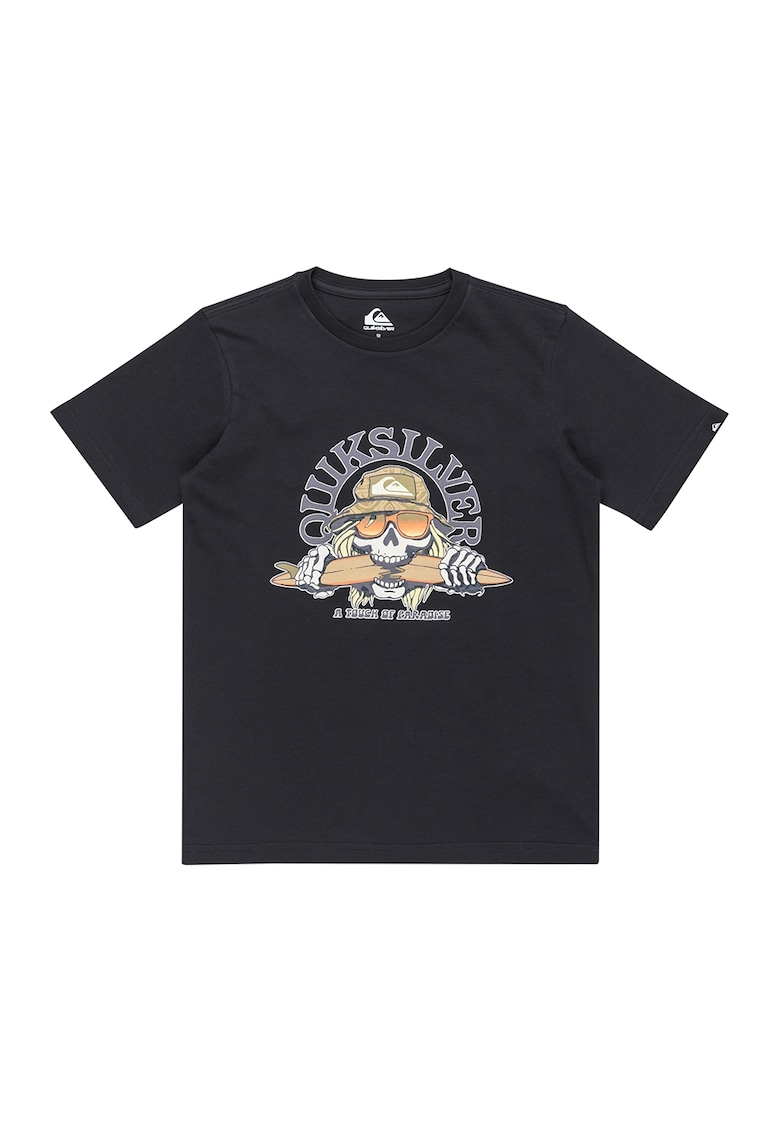 Tricou de bumbac cu imprimeu si decolteu la baza gatului Skull Feast - Negru/Bej/Gri inchis