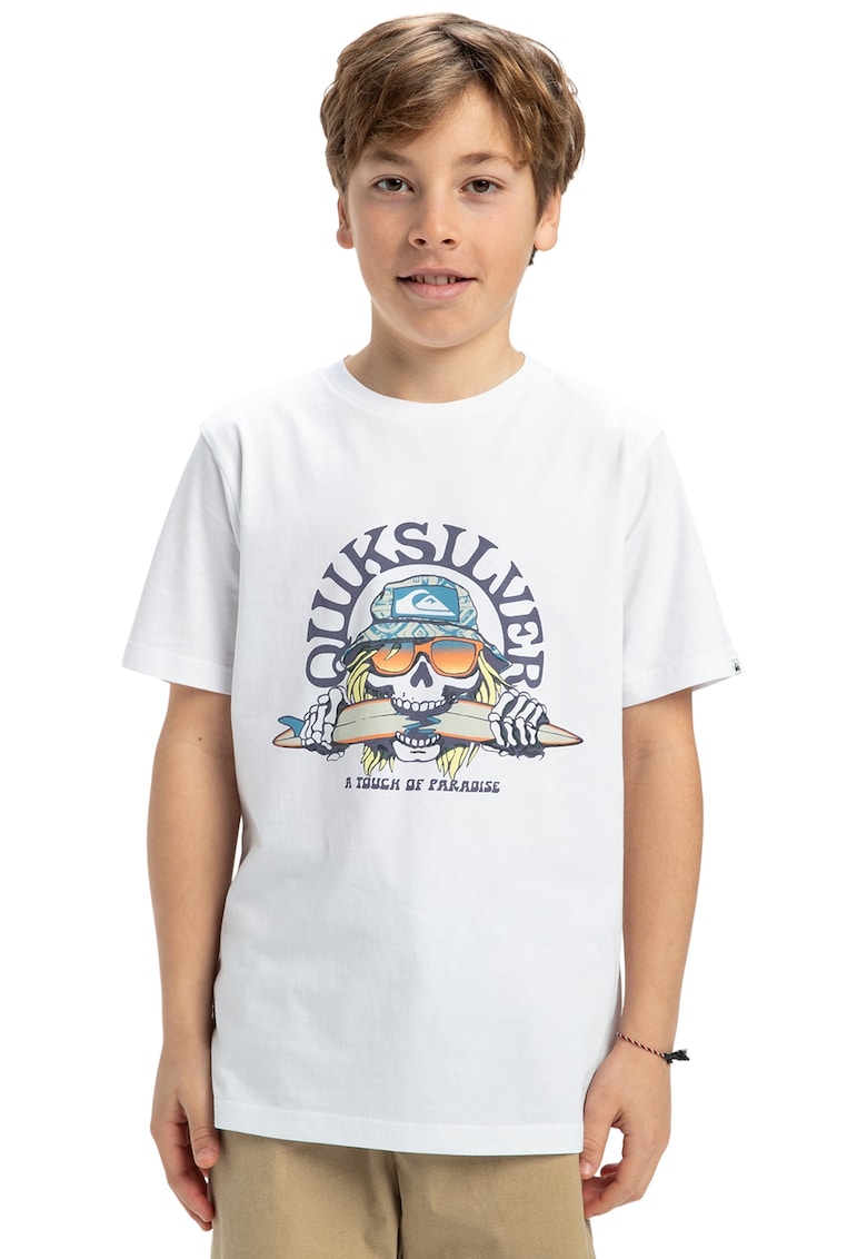 Tricou de bumbac cu imprimeu si decolteu la baza gatului Skull Feast - Alb/Portocaliu/Albastru inchis