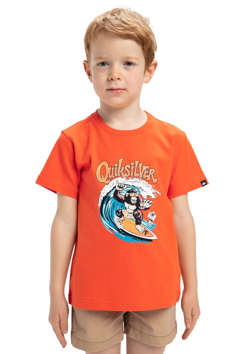 Tricou de bumbac cu decolteu la baza gatului Kong Story - Portocaliu mandarina/Alb murdar/Albastru deschis