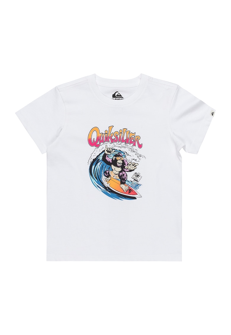 Tricou de bumbac cu decolteu la baza gatului Kong Story - Alb/Portocaliu/Albastru