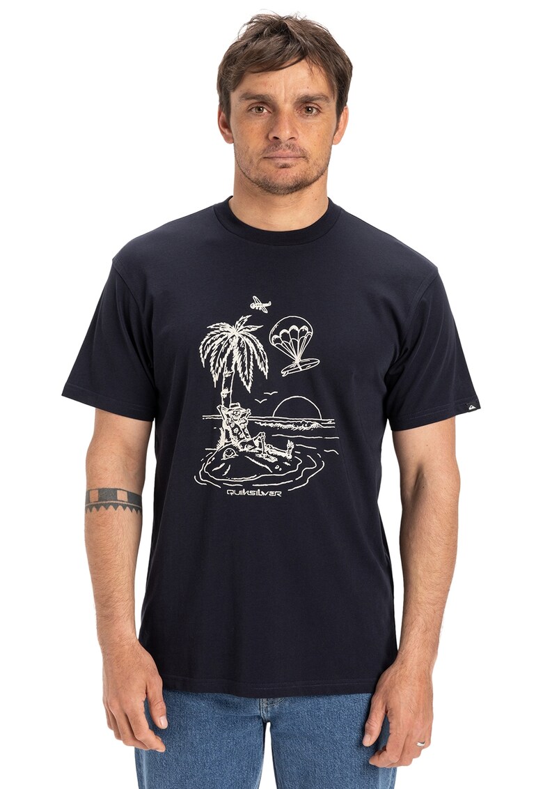 Tricou cu decolteu la baza gatului si imprimeu grafic - Albastru ultramarin/Alb murdar