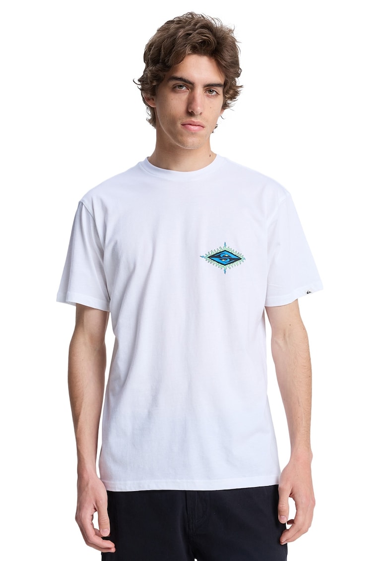 Tricou cu decolteu la baza gatului si imprimeu grafic - Alb/Albastru deschis