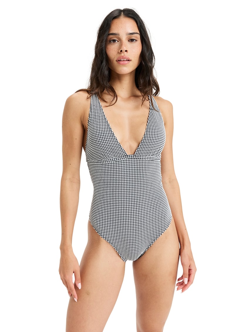 Costum de baie intreg - in carouri si decolteu in V