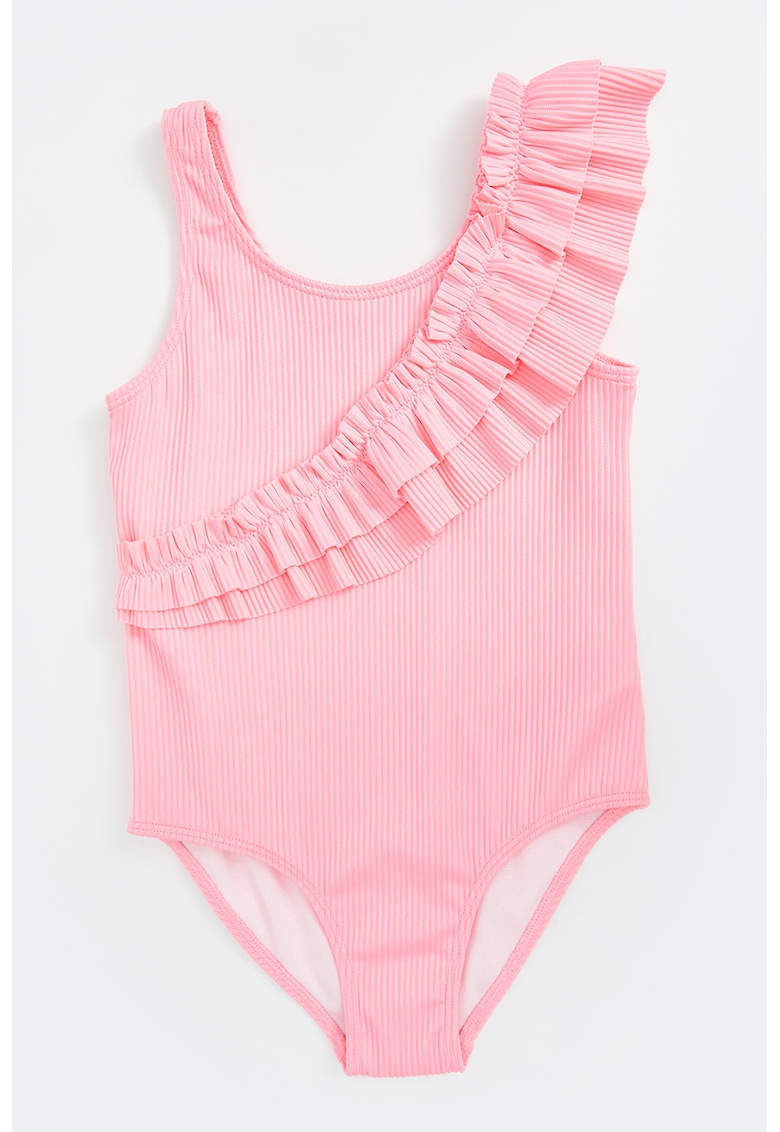 Costum de baie intreg striat cu garnitura cu volane - Roz deschis