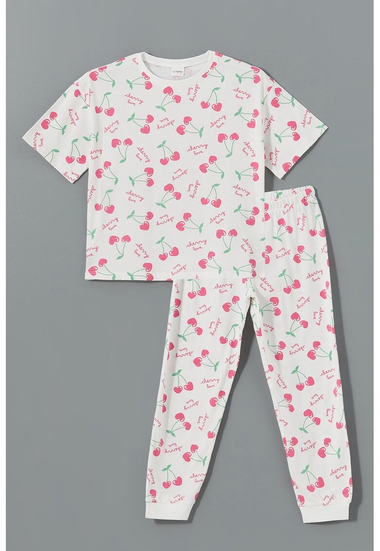 Pijama lunga cu imprimeu grafic - Alb/Verde deschis/Rosu deschis