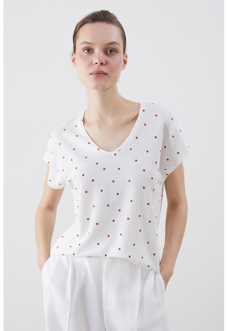 Tricou cu decolteu in V si model - Alb/Maro