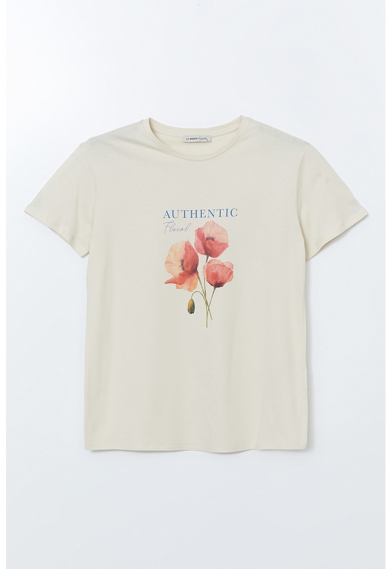Tricou cu decolteu la baza gatului si imprimeu floral - Piersica/Caramiziu/Crem
