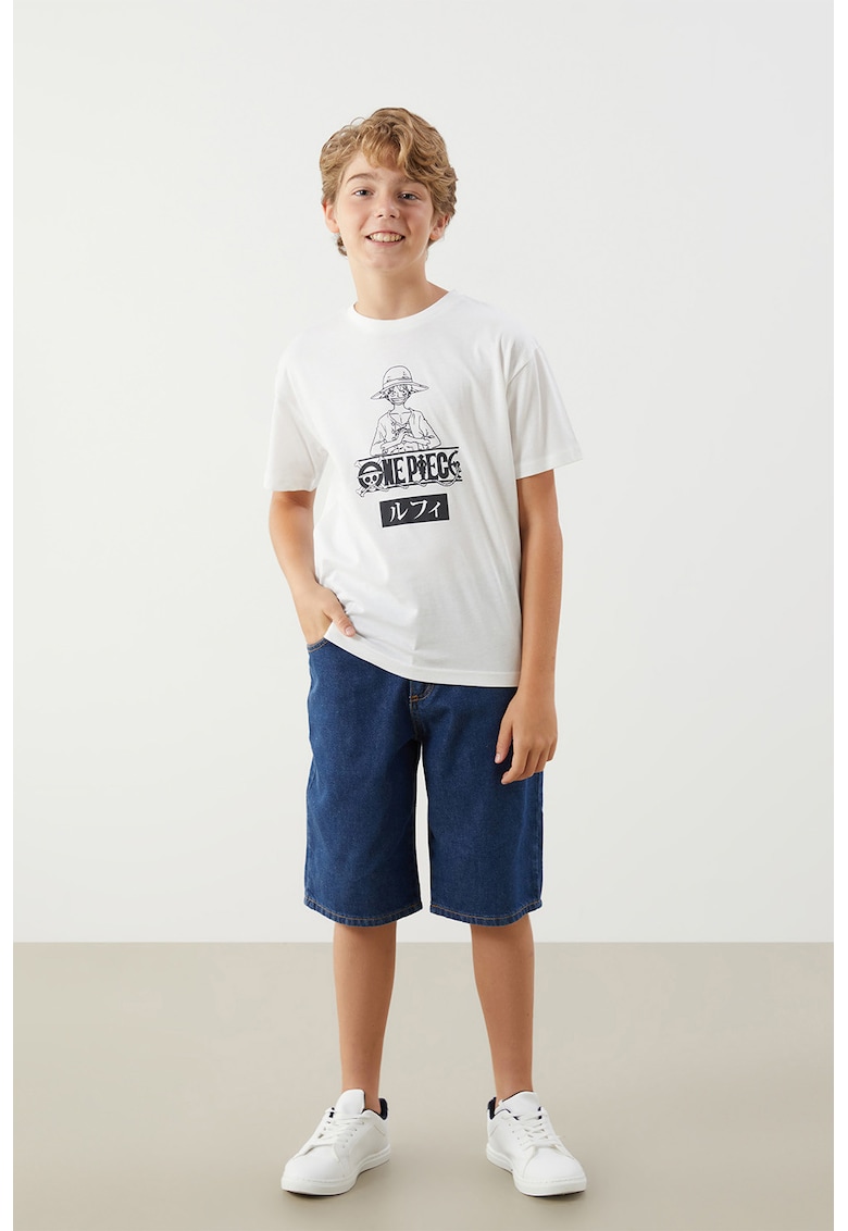 Tricou cu decolteu la baza gatului si imprimeu grafic - Negru/Alb murdar