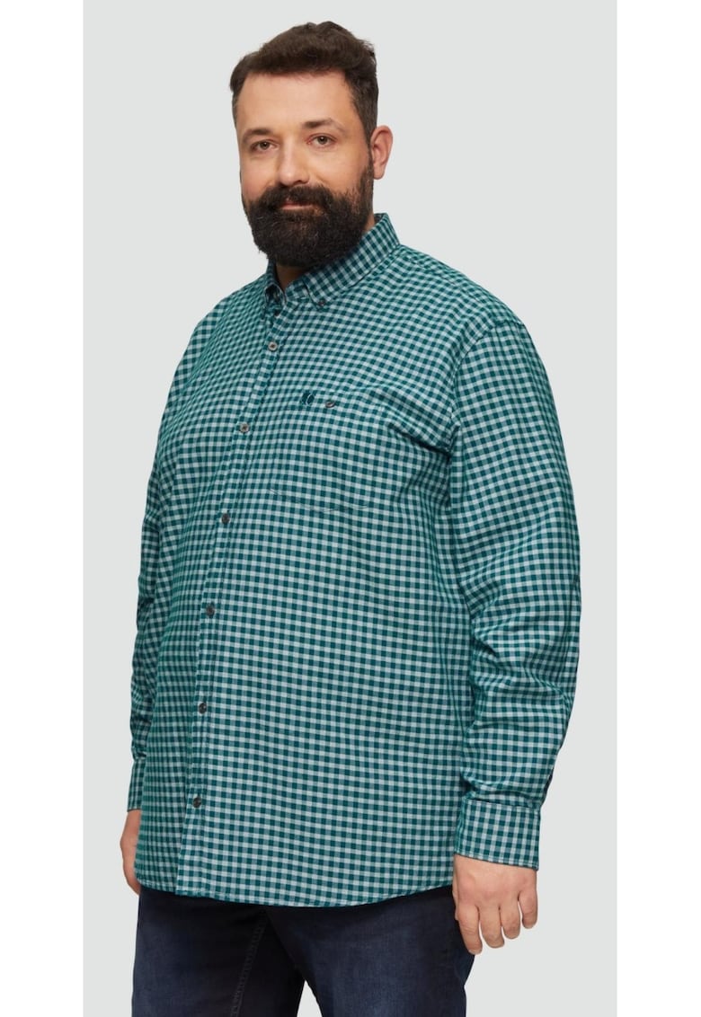 Camasa barbati big sizes - cu maneca lunga si imprimeu in carouri - Regular fit - Verde inchis