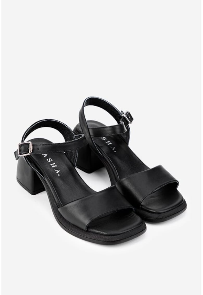 Sandale dama negre din piele cu varful patrat