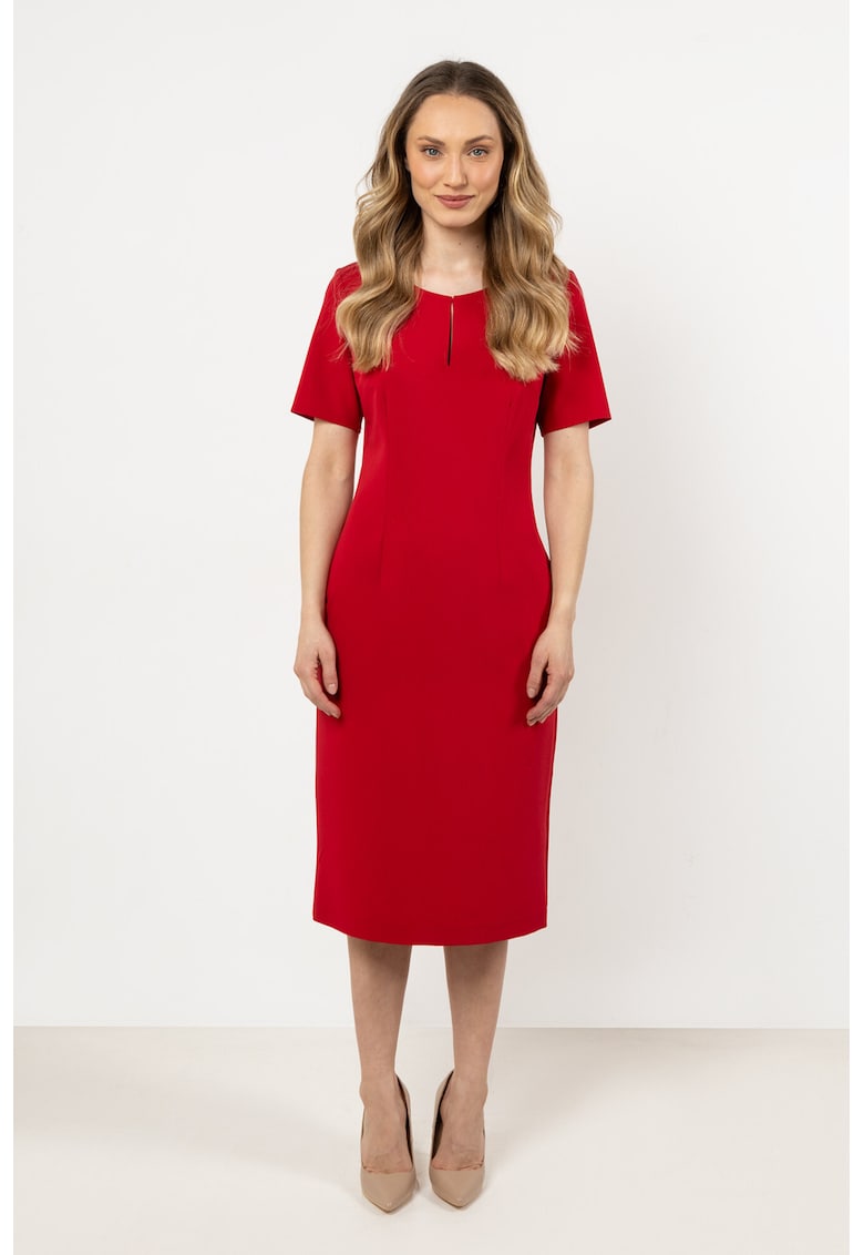 Rochie midi A706 - rosie - croiala mulata - decolteu tip barca - material poliester-elastan