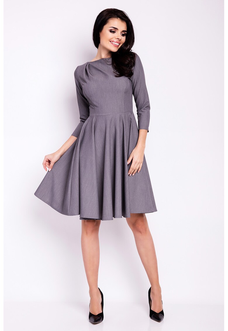 Rochie midi evazata - gri - maneci 3/4 - poliester-elastan