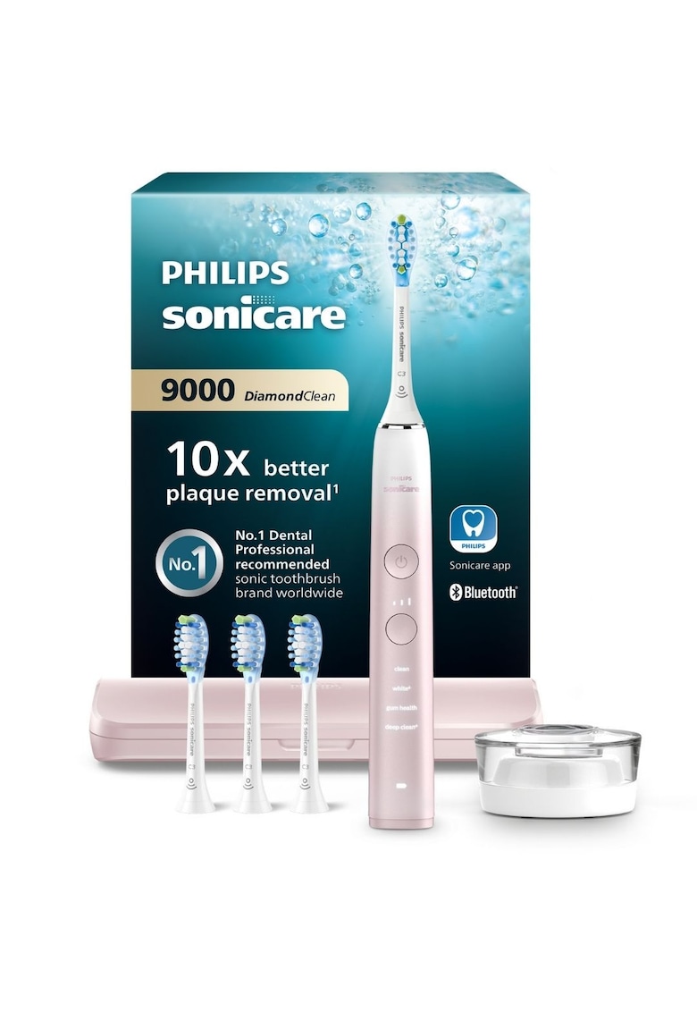 Periuta electrica sonica DiamondClean Seria 9000 - 4 moduri de periere - 3 intensitati - senzor de presiune - senzor BrushSync - conectivitate cu aplicatia Sonicare - 1 toc de transport - 4 capete C3 - suport de incarcare - Roz