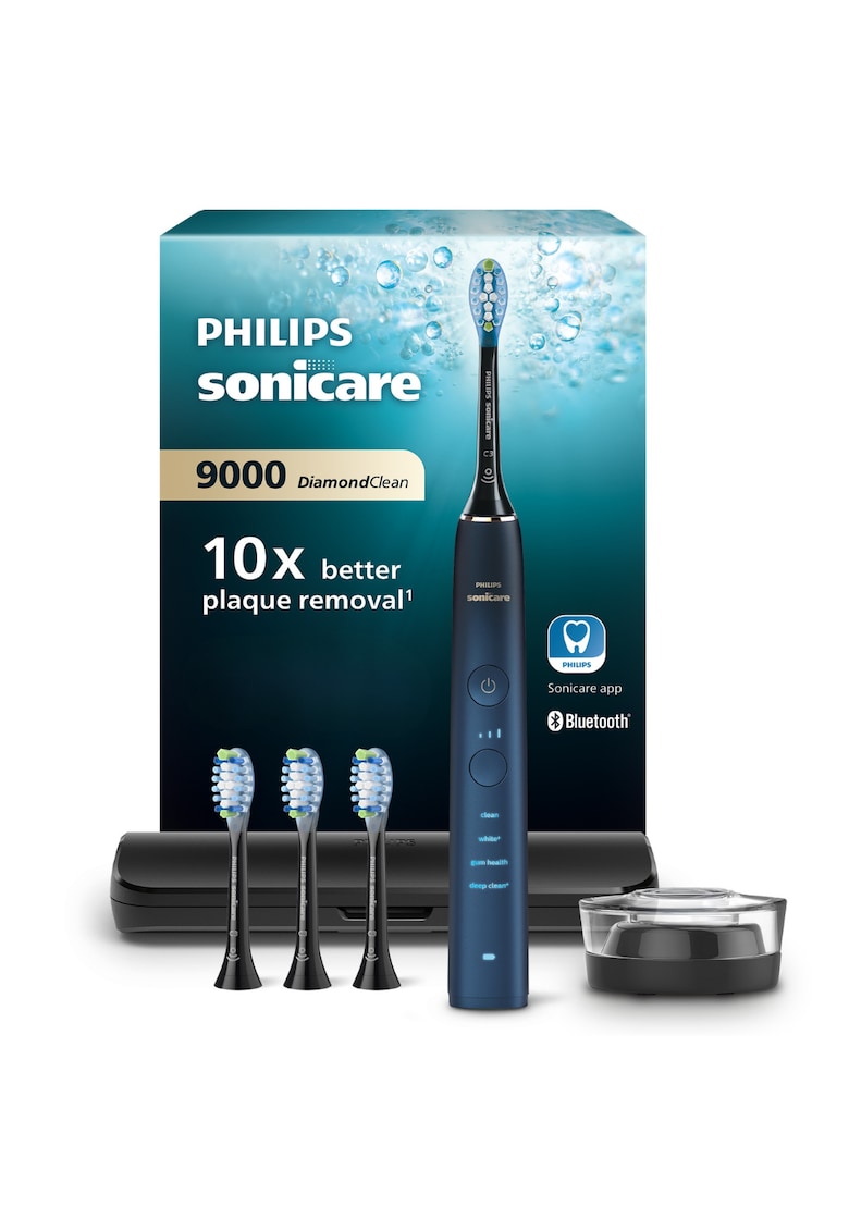 Periuta electrica sonica DiamondClean Seria 9000 - 4 moduri de periere - 3 intensitati - senzor de presiune - senzor BrushSync - conectivitate cu aplicatia Sonicare - 1 toc de transport - 4 capete C3 - suport de incarcare - Albastru aquamarin