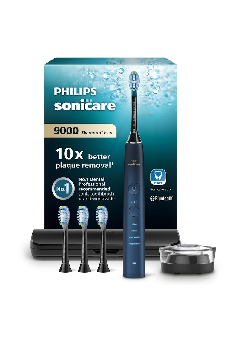 Periuta electrica sonica DiamondClean Seria 9000 - 4 moduri de periere - 3 intensitati - senzor de presiune - senzor BrushSync - conectivitate cu aplicatia Sonicare - 1 toc de transport - 4 capete C3 - suport de incarcare - Albastru aquamarin
