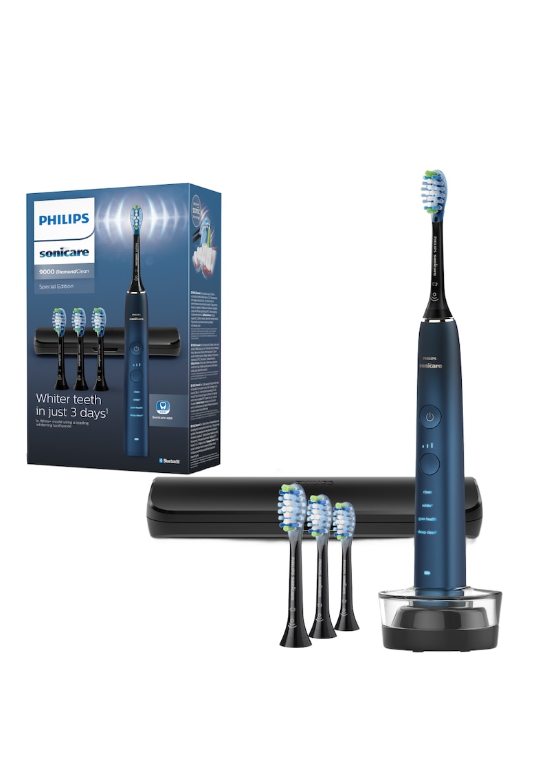 Periuta electrica sonica DiamondClean Seria 9000 - 4 moduri de periere - 3 intensitati - senzor de presiune - senzor BrushSync - conectivitate cu aplicatia Sonicare - 1 toc de transport - 4 capete C3 - suport de incarcare
