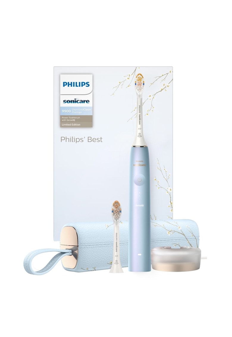 Periuta electrica sonica Philips Prestige 9900 - 62000 miscari/minut - tehnologie SenseIQ - aplicatie Sonicare cu inteligenta artificiala - wireless Bluetooth - senzori - 5 moduri personalizabile - 1 cap de periere - toc de incarcare USB - Albastru desch