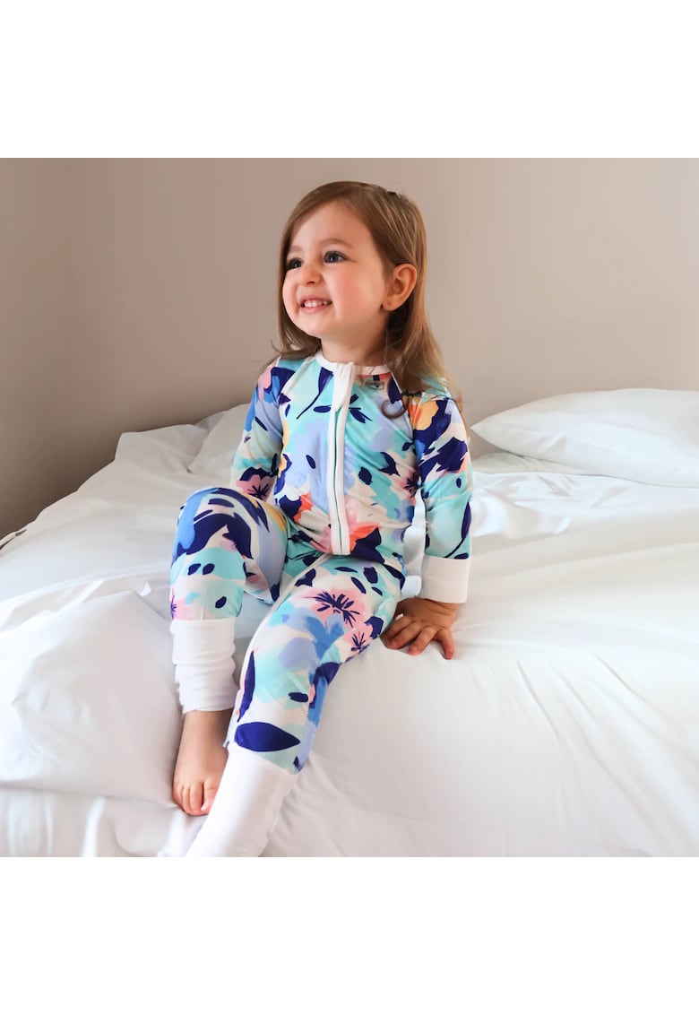 Pijamale lungi din bambus cu fermoar reversibil -  - WaterColors - Multicolor Bleu - pentru fetite