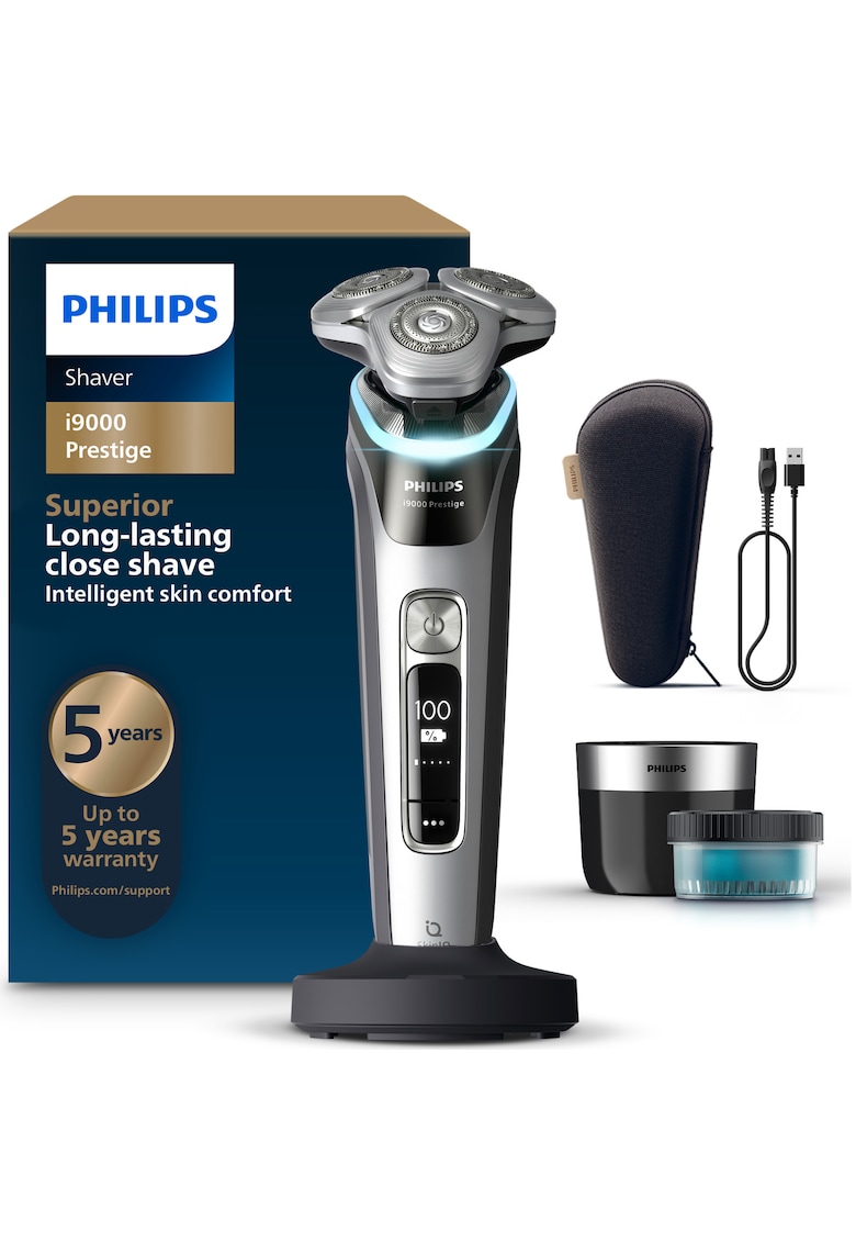 Aparat electric de barbierit Seria i9000 Pestige XP9204/30 - barbierit umed/uscat - tehnologie SkinIQ - fara fir - cap Precision Flexing 360 - tehnologie Triple Action Lift&Cut - senzor Pressure Guard - lame Dual SteelPrecision - 60 min - Cenusiu