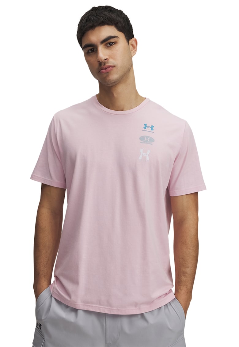 Tricou din amestec de bumbac cu decolteu la baza gatului si logo - Roz/Albastru