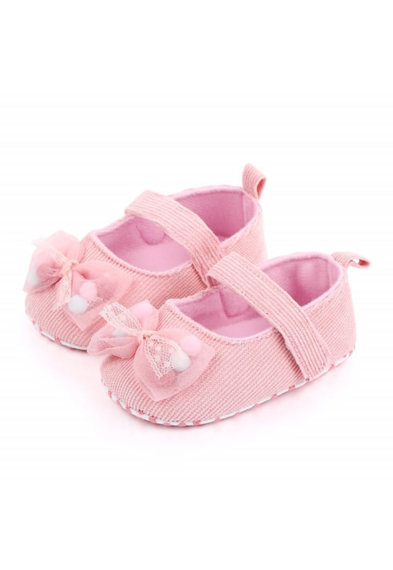 Pantofi Cu Fundita Cu Bilute Din Puf - Elegant - Textil - Fete - Velcro - Roz