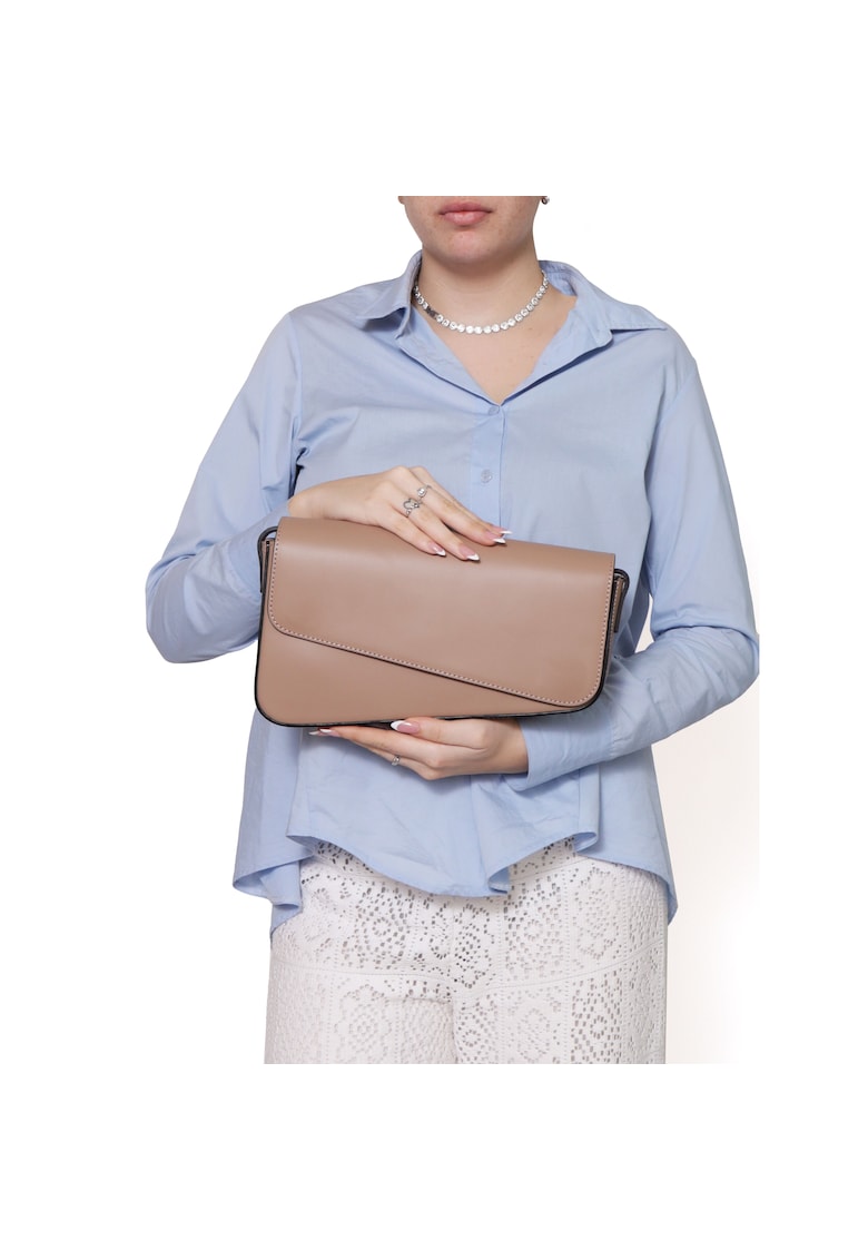 Geanta crossbody din piele cu clapa - Maro taupe