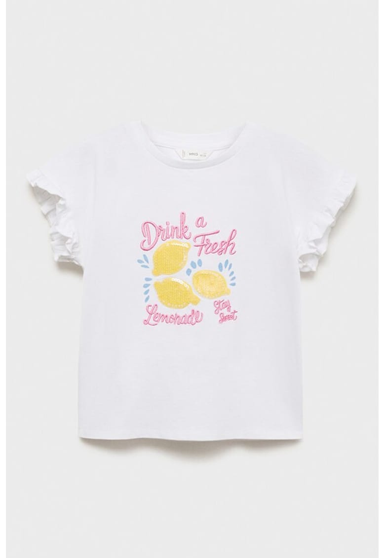Tricou cu broderie si paiete - Alb/Galben/Roz