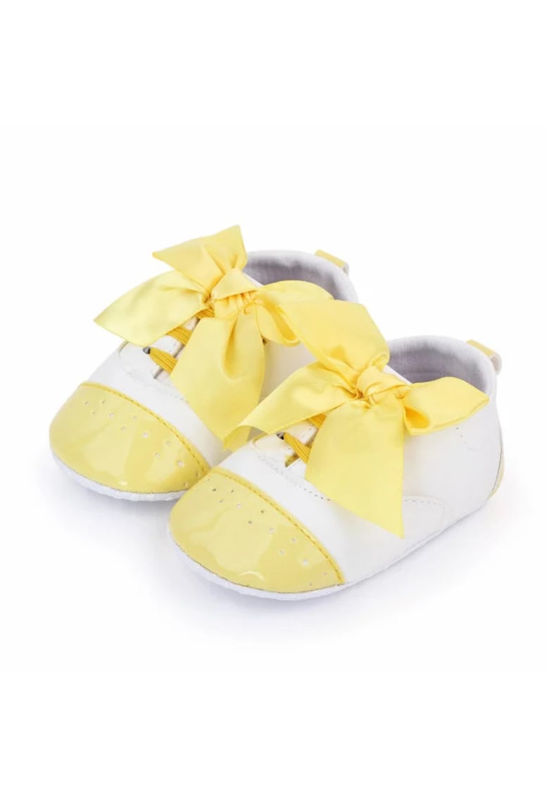 Pantofi Cu Fundita - Elegant - Piele ecologica - Fete - Siret - Alb - Galben - 3-6 luni -