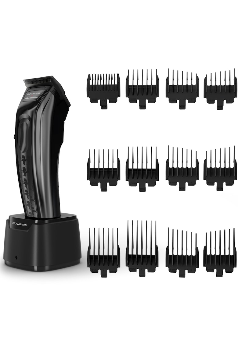 Aparat de tuns x Karl Lagerfeld Barber Experience - 6500 rpm - autonomie 150 min - 6 piepteni ficsi 3-6 -9-12-18-25 mm - 6 piepteni fade stanga - dreapta - setare precizie 0.3mm - lame inox - indicator LED - baza de incarcare - negru & gri