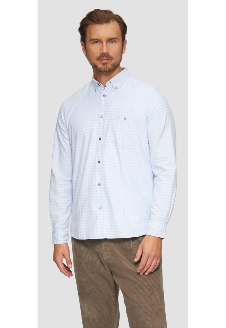 Camasa barbati cu- buzunar - guler cu nasturi si imprimeu in carouri - Albastru deschis