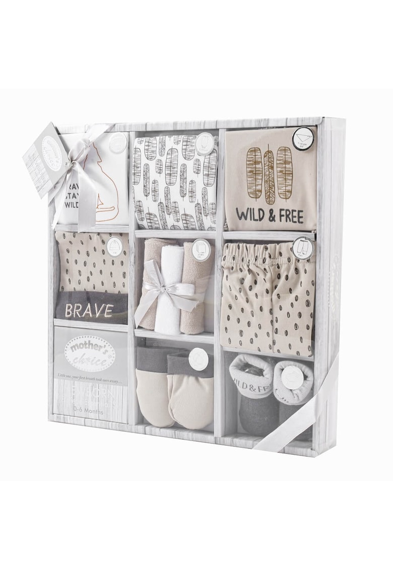 Set cadou nou nascuti - 10 piese - alb/gri/bej - 0-6 luni