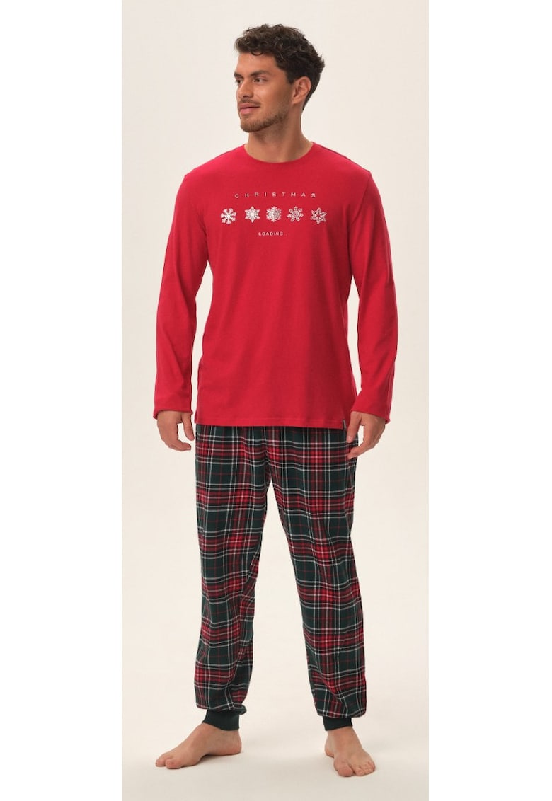 Pijama barbati Honest - rosu - bumbac - imprimeu Craciun - bluza cu maneca lunga si pantaloni lungi