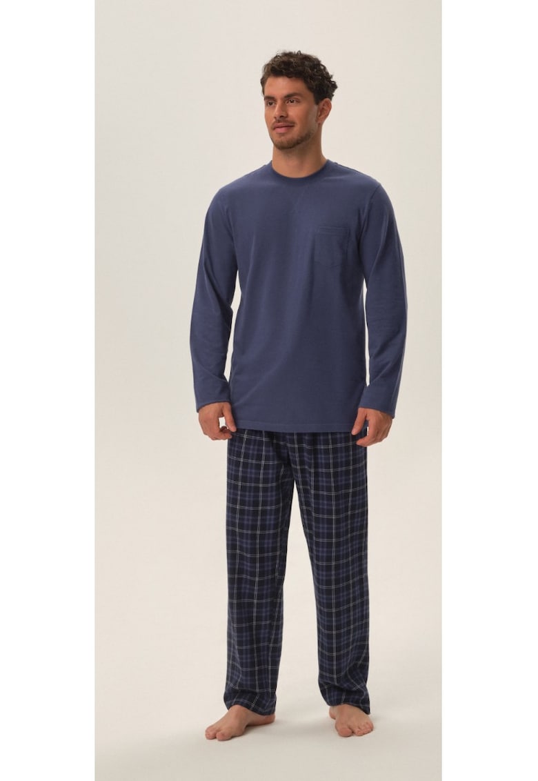 Pijama barbati albastru inchis - bumbac 100% - maneca lunga - imprimeu in carouri - set bluza si pantaloni