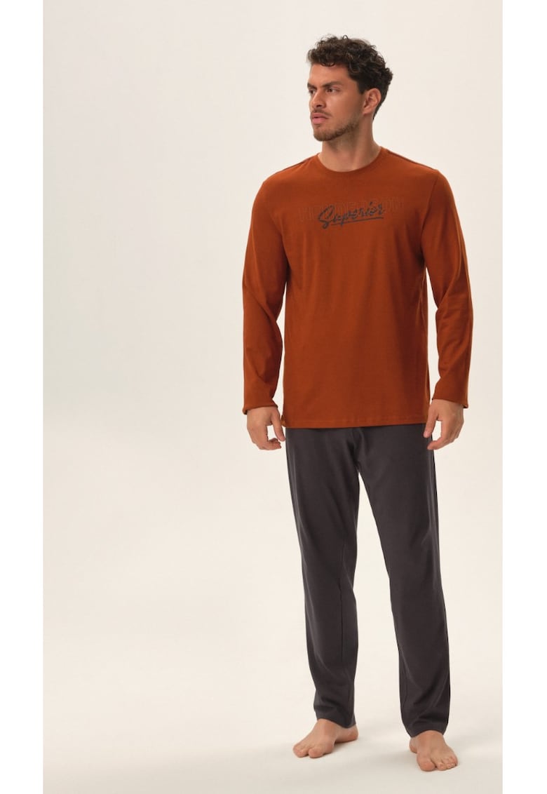 Pijama barbati Jupiter - bumbac - portocaliu si albastru - maneca lunga - set bluza si pantaloni