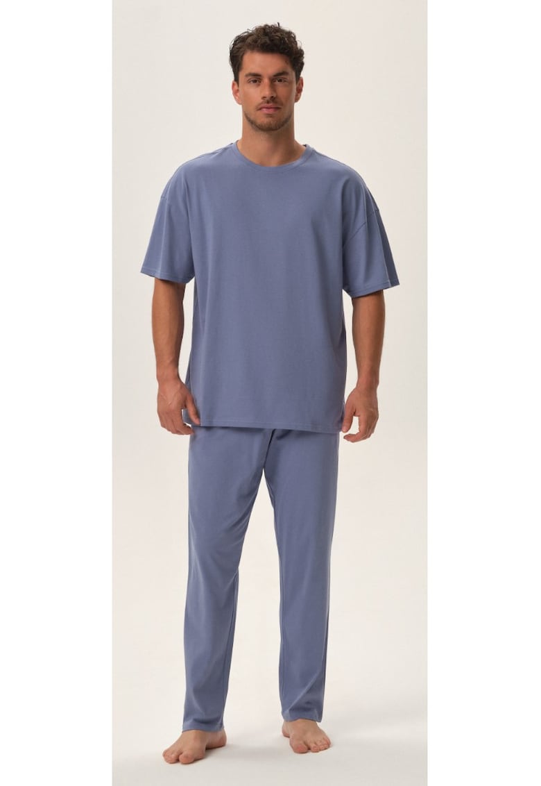 Pijama barbati albastru - bumbac - maneci scurte - pantaloni lungi - set tricou si pantaloni