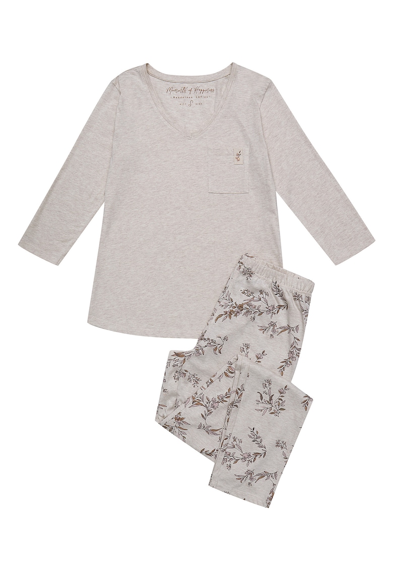 Pijama dama bej - bumbac - imprimeu floral - maneca lunga - lungi