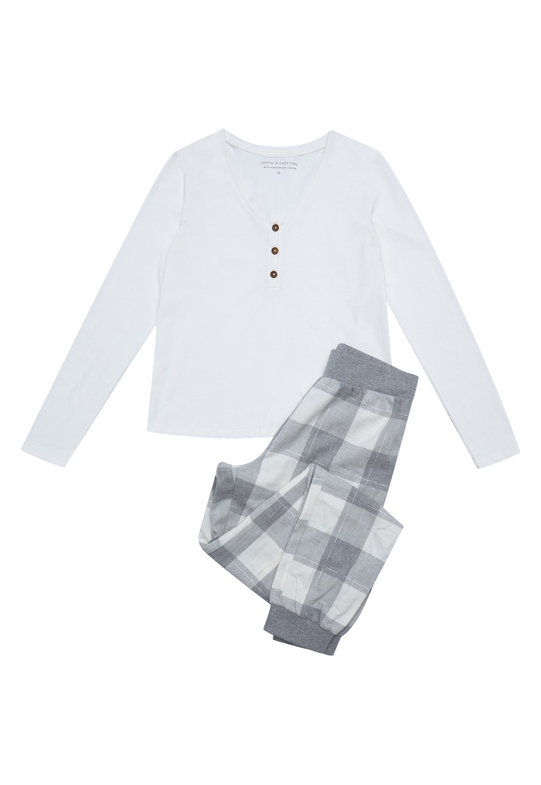 Pijama dama  alb - bumbac - carouri - maneca lunga - lungi -