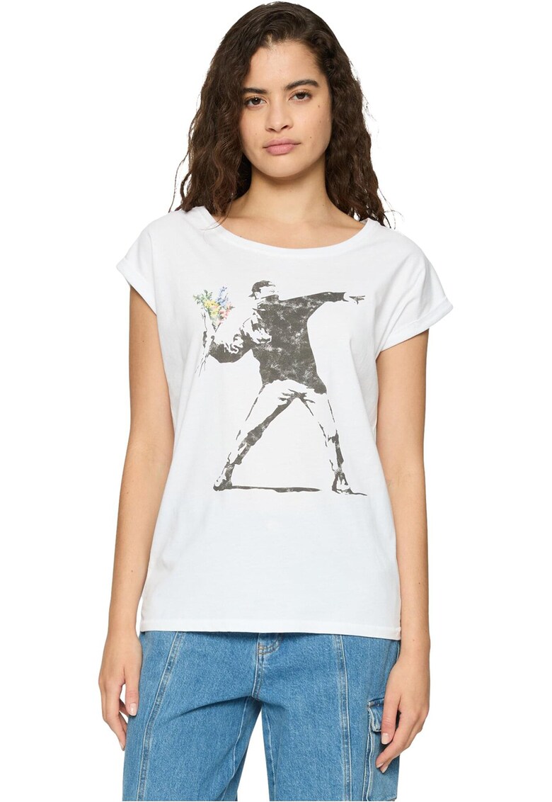 Tricou cu decolteu la baza gatului si imprimeu grafic - Alb/Galben/Maro taupe deschis