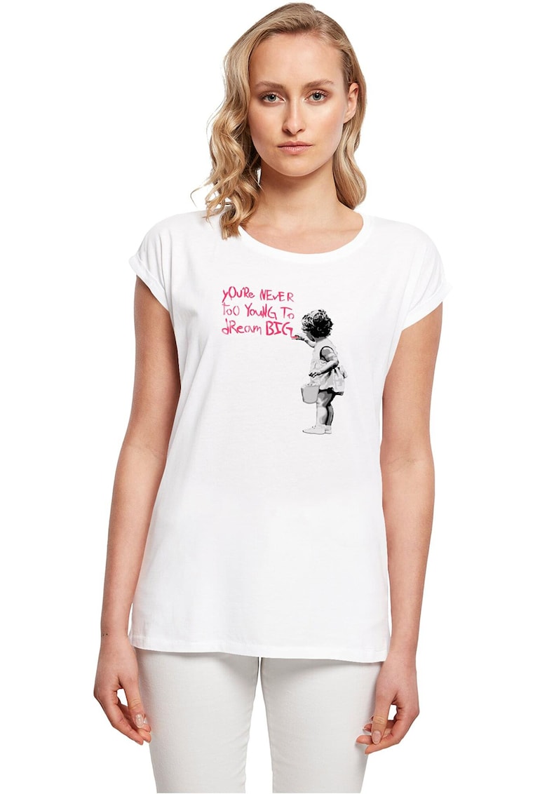 Tricou cu decolteu la baza gatului si imprimeu text - Alb/Negru/Roz aprins