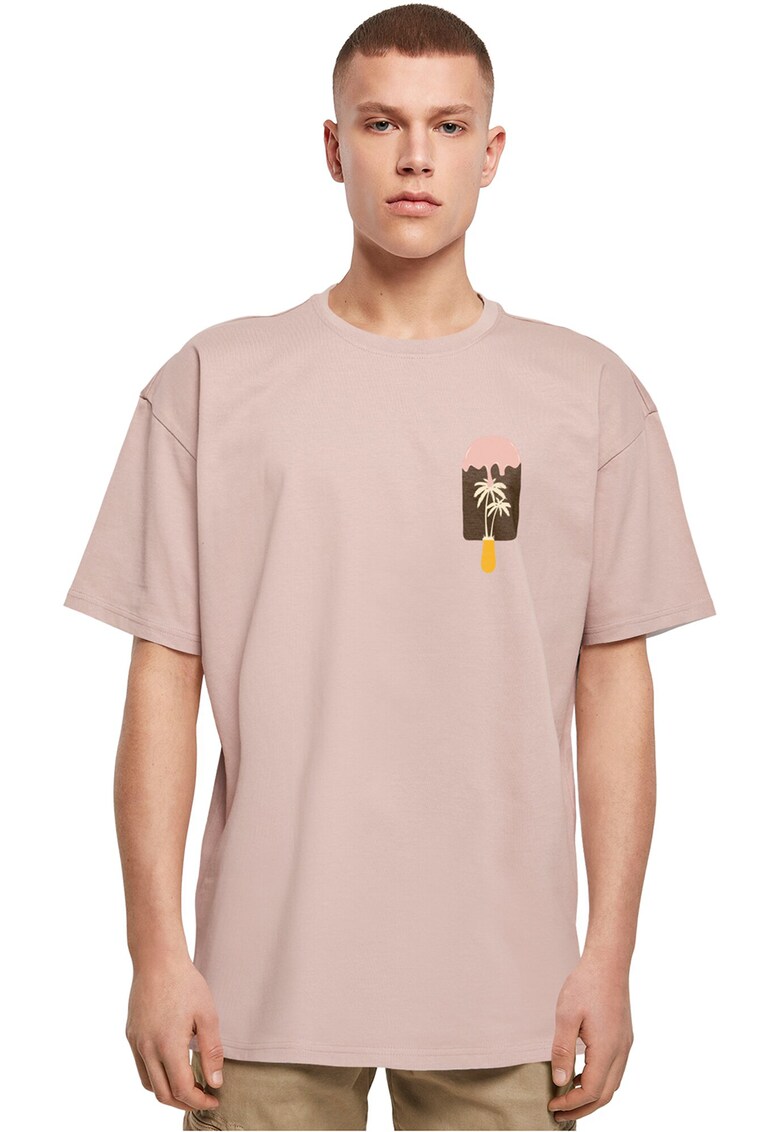 Tricou din bumbac cu decolteu la baza gatului - Portocaliu deschis/Roz prafuit