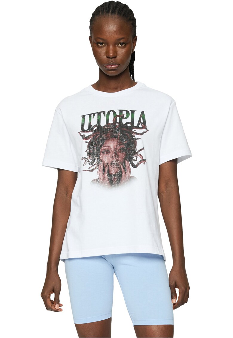 Tricou cu design grafic si decolteu la baza gatului - Alb/Maro inchis/Verde inchis