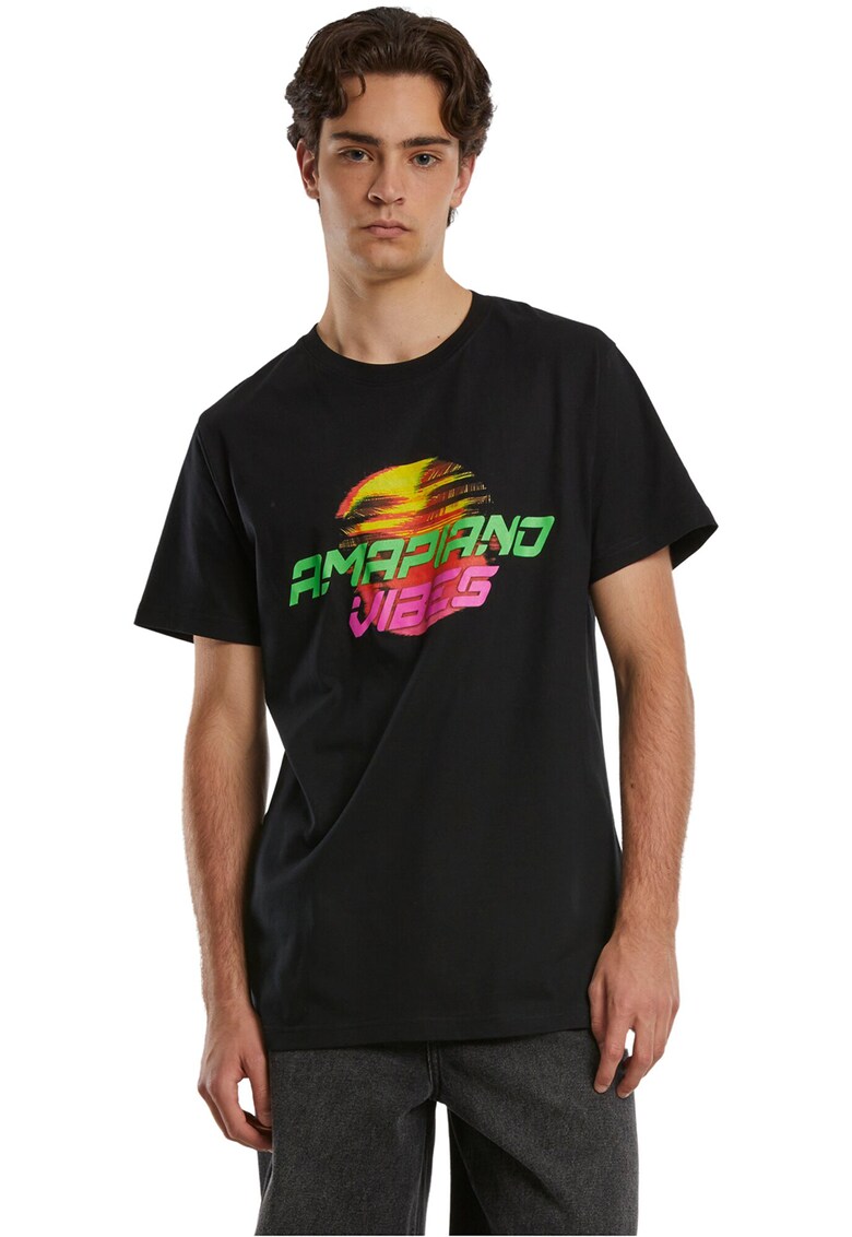 Tricou cu imprimeu grafic si decolteu la baza gatului - Negru/Roz deschis/Verde lime