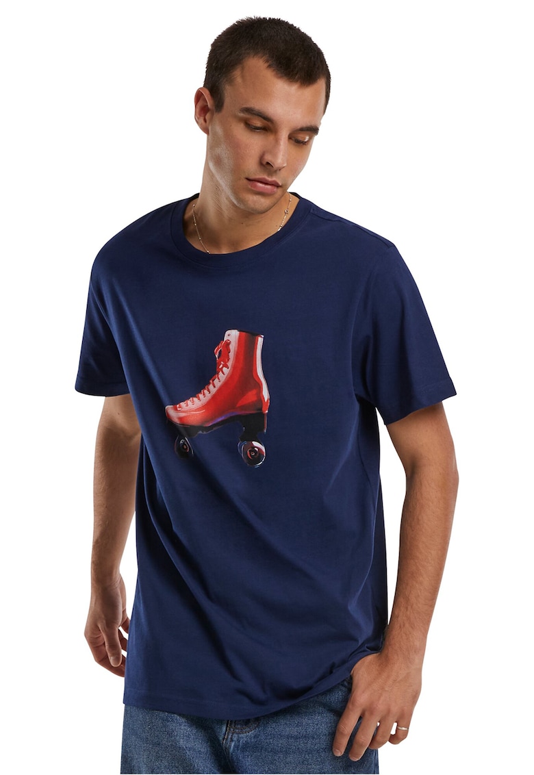 Tricou cu imprimeu grafic si decolteu la baza gatului - Rosu inchis/Bleumarin