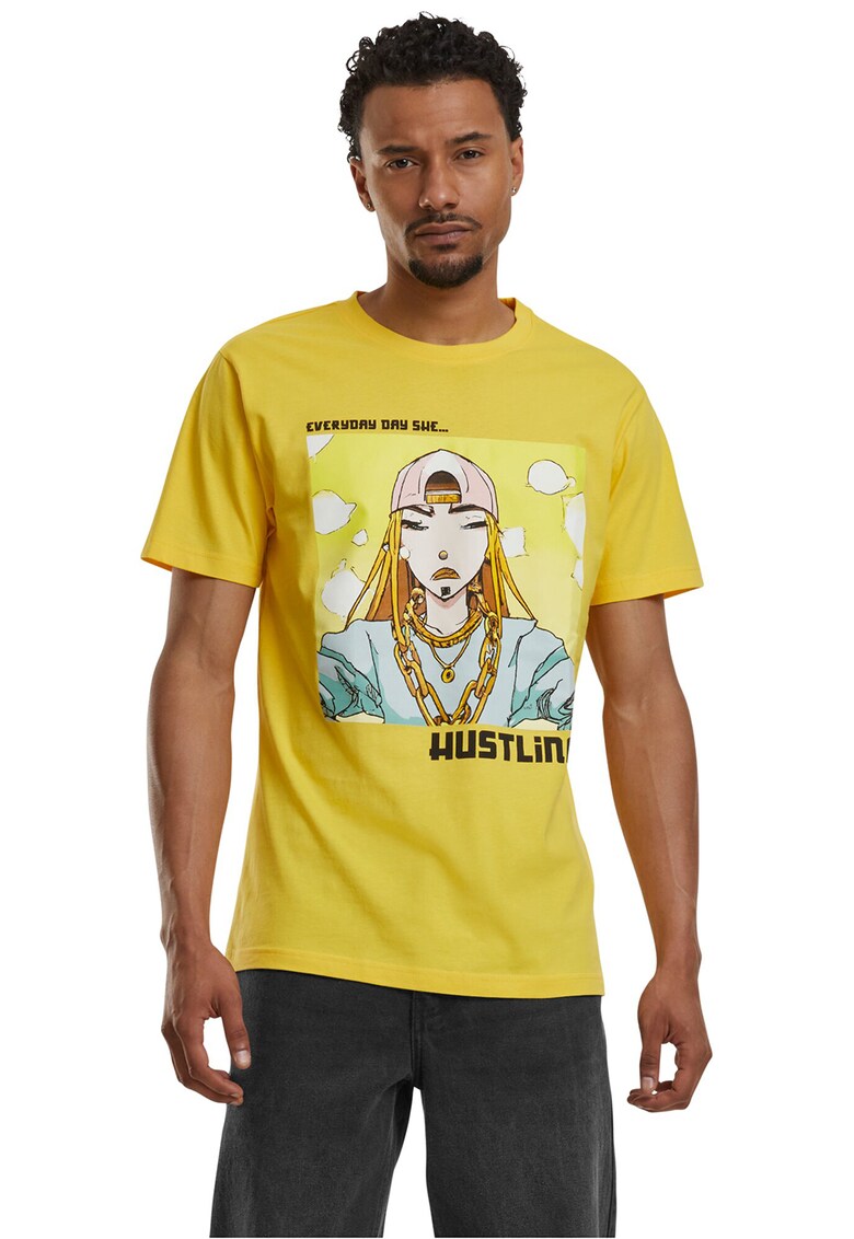 Tricou cu imprimeu grafic si decolteu la baza gatului - Negru/Galben sofran/Albastru pal