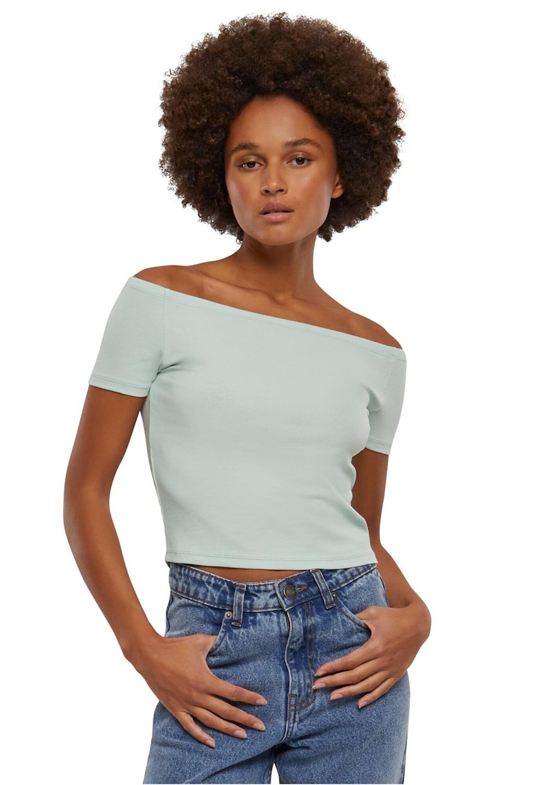 Tricou crop cambrat cu decolteu pe umeri Tricou crop cambrat cu decolteu pe umeri