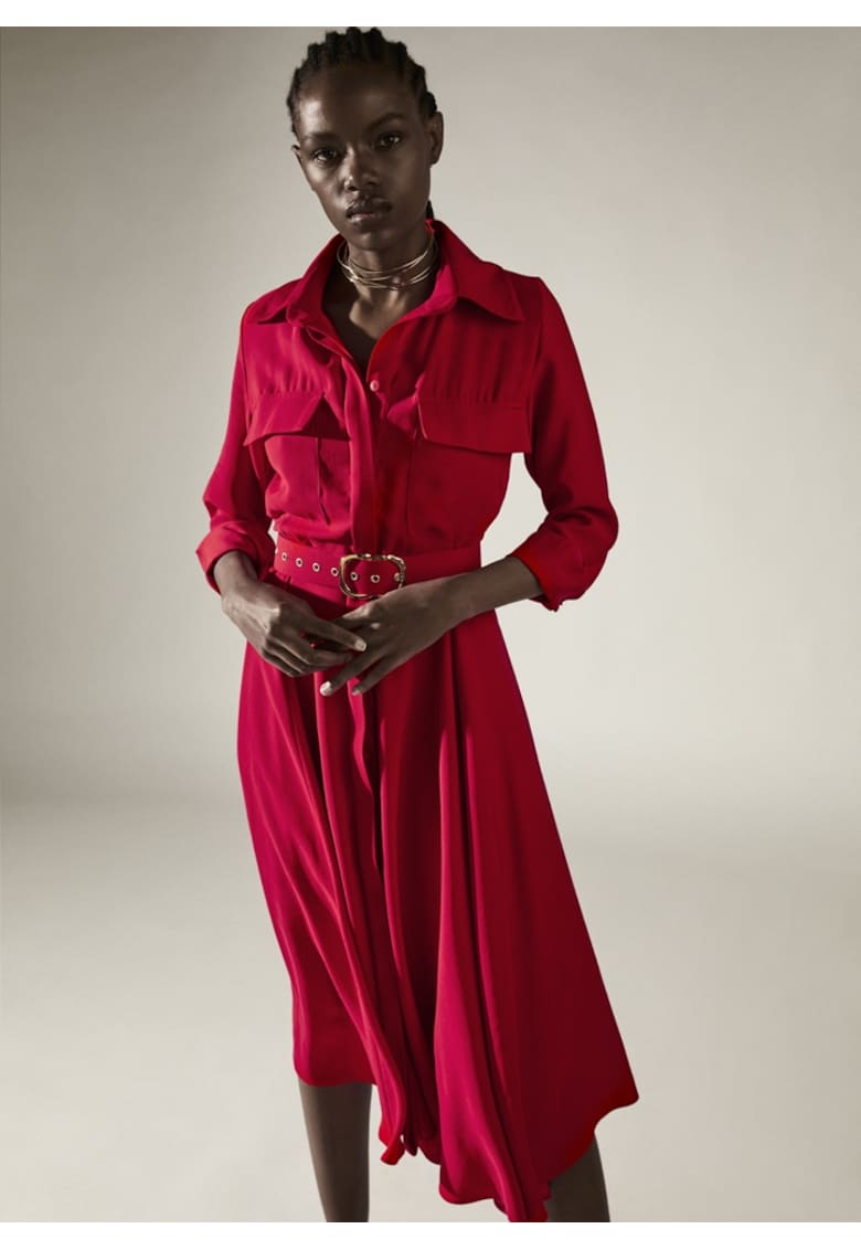 Rochie camasa midi cu fusta ampla si curea asortata Patty - Rosu