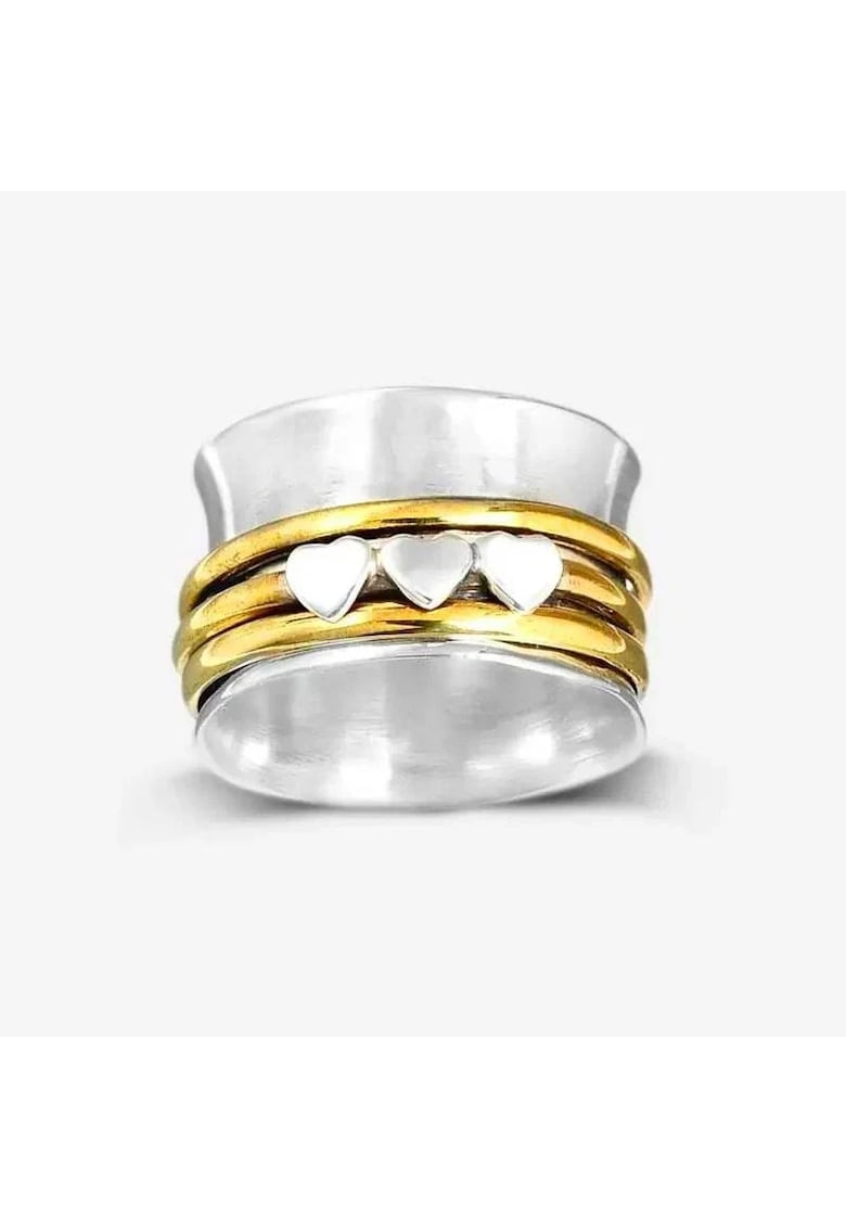 Inel argintiu - lat - cu model in relief - inimioare si cercuri aurii - Nemo C2 - 9 (circumferinta: 59.5 mm)