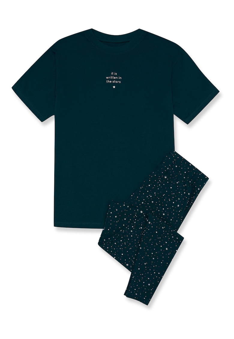 Pijama dama Febe - verde bumbac - imprimeu modern - maneca scurta - pantaloni lungi - Diverse